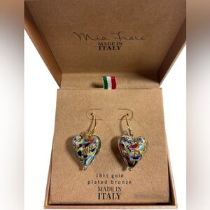 NIB Mia Fiore Made in Italy 18kt Gold Plated Murano Glass Heart Earrings